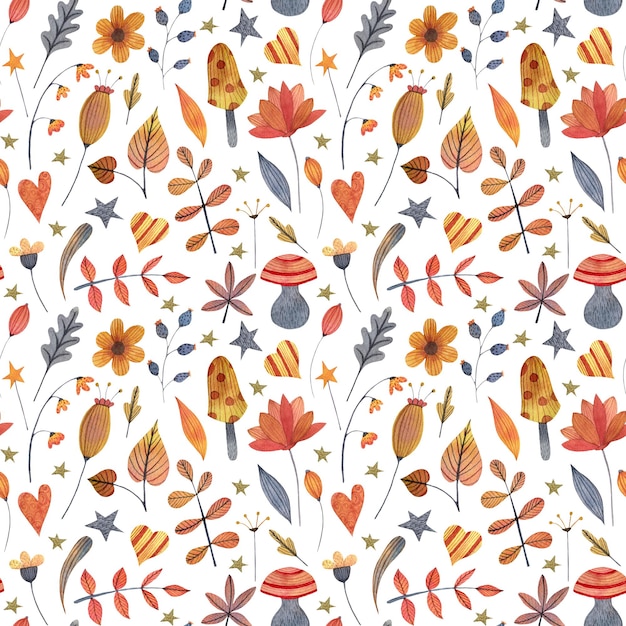 Watercolor autumn halloween seamless pattern with flowers leaves grass mushroom.