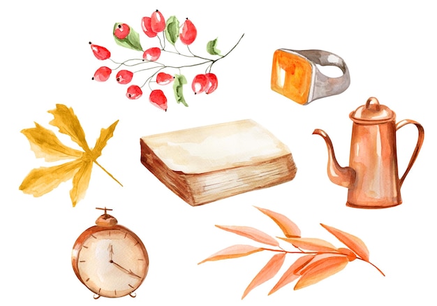 Watercolor autumn items set