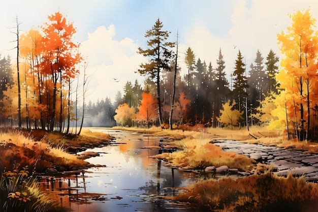 水彩の秋の風景 明るい森と穏やかな川 AIで作成