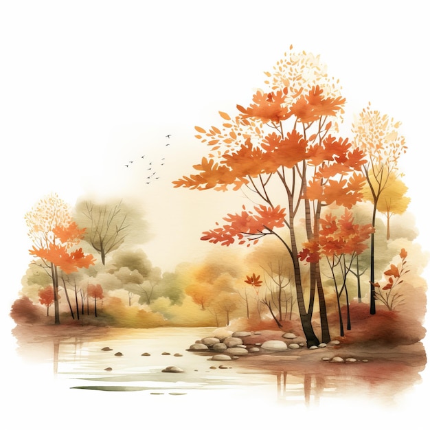 Watercolor autumn landscape with river and forest Digital art painting