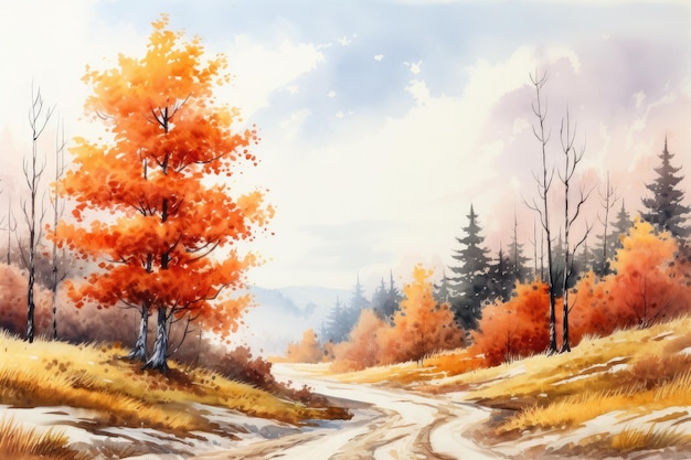 Watercolor autumn landscape