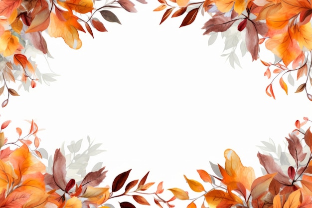 Watercolor autumn leaves frame on white background