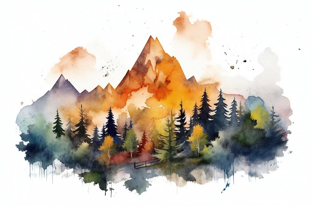 Watercolor autumn mountains with fir trees on white background