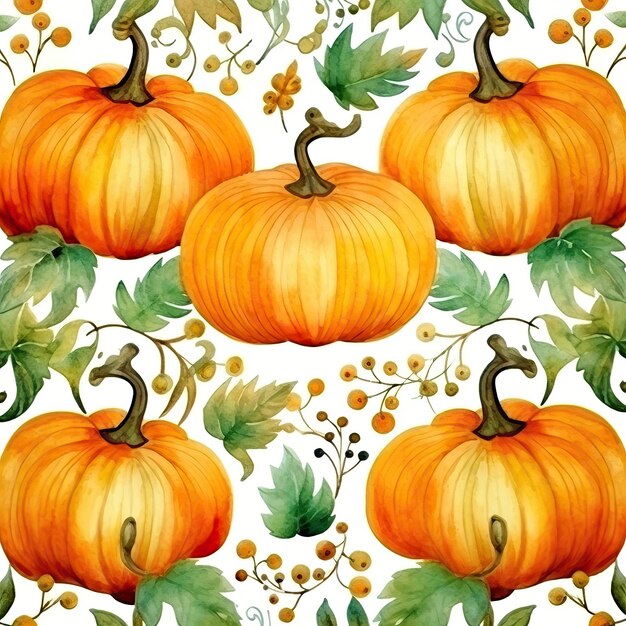 Watercolor autumn pumpkin seamless pattern in the style of detailed character design celebration