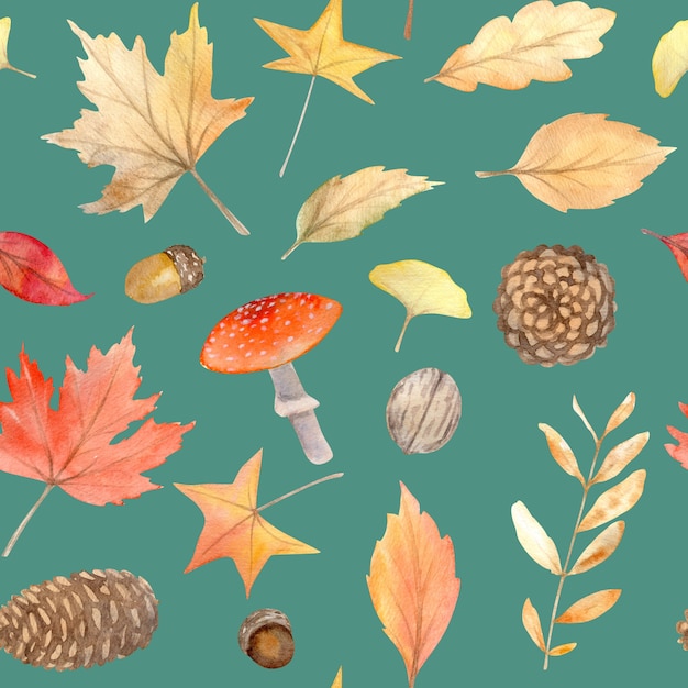 Watercolor autumn seamless pattern with hand painted cozy symbols of fall season