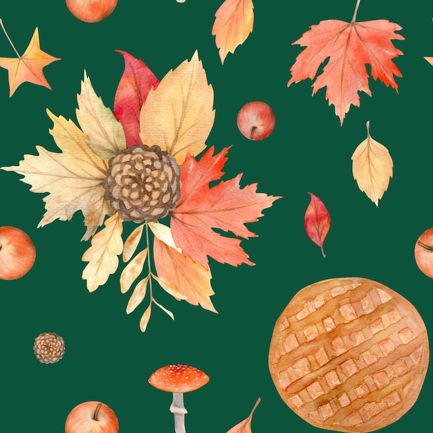 秋の季節の手描きの居心地の良いシンボルと水彩画の秋のシームレスなパターン。