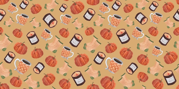watercolor autumn seamless pattern with pumpkin mug warm socks aroma candle for halloween decoration