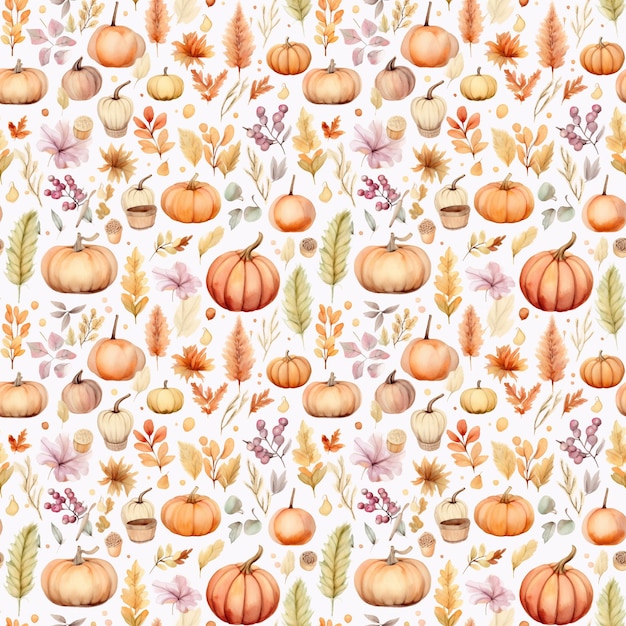 Watercolor autumn seamless pattern with pumpkins and foliage