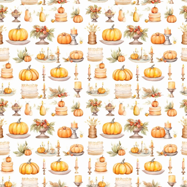 watercolor autumn seamless pattern with pumpkins and foliage