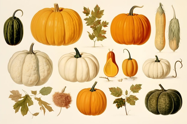 Photo watercolor autumn set of pumpkins and leaves botanical illustration