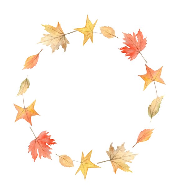 Watercolor autumn wreath of leaves. Circle fall frame. Perfect for the thanksgiving cards, invitation.