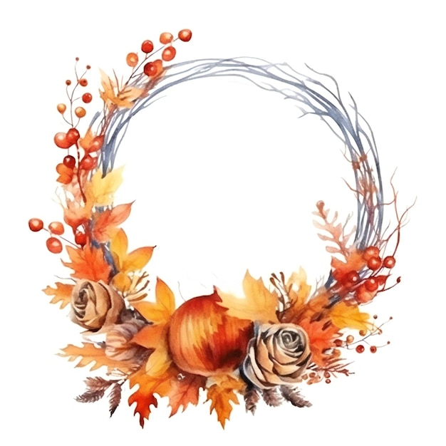 Photo watercolor autumn wreath on white background