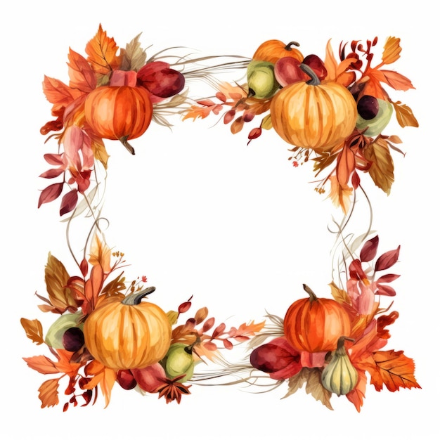 Watercolor autumn wreath with pumpkins leaves and berries on a white background