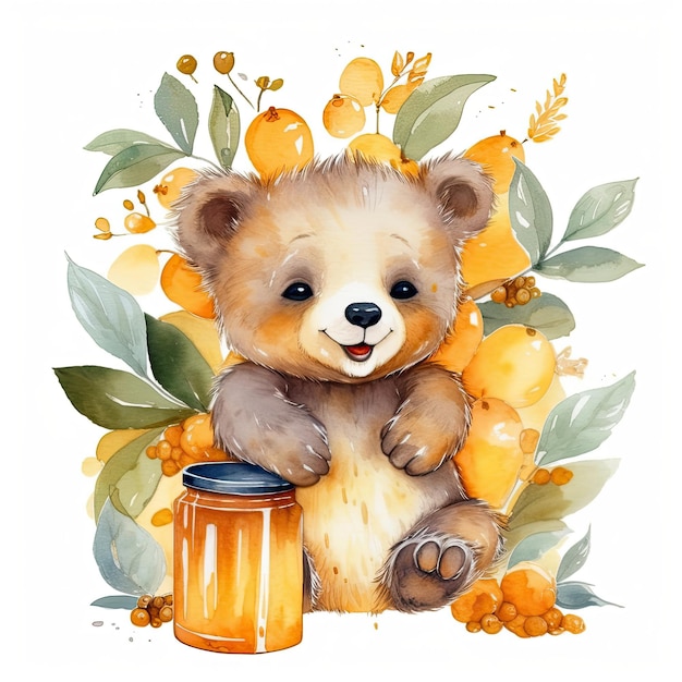 Watercolor baby bear clipart white background