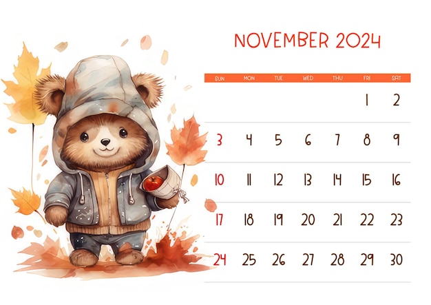 Photo watercolor baby bear wearing hat printable calendar 2024