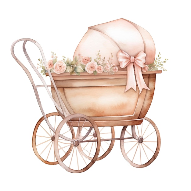 Photo watercolor baby carriage clipart on white background