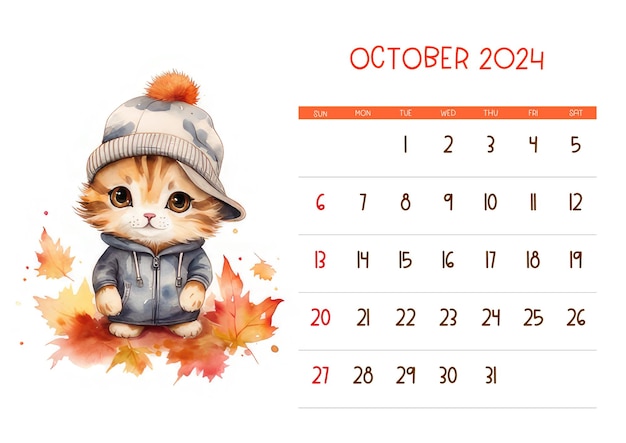 Photo watercolor baby cat wearing hat printable calendar 2024