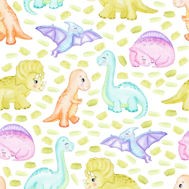 Photo watercolor baby dinosaurs seamless patter non white green background