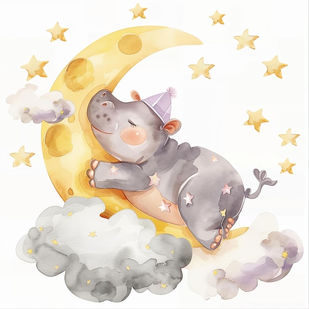 watercolor baby hippo with sleeping on the moon and clouds pastel color clipart white background