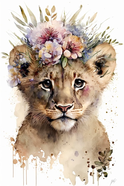 Watercolor baby lion Flower Crown