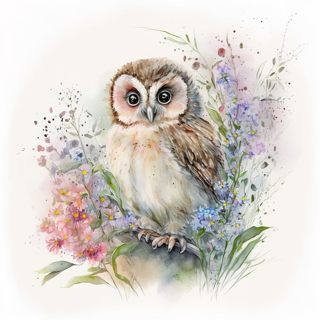 Watercolor baby owl on white background in flowers Generative AI