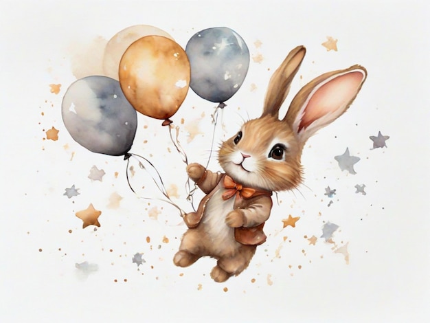 水彩の赤ちゃんのウサギが風船と雲と星を飛ばして 隔離された白い背景を描いています