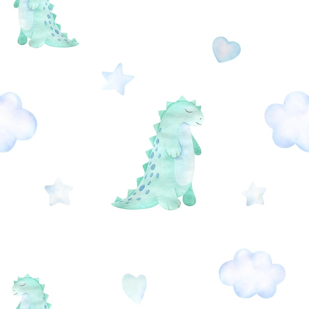 Watercolor baby seamless pattern with toy mint dinosaur clouds and stars