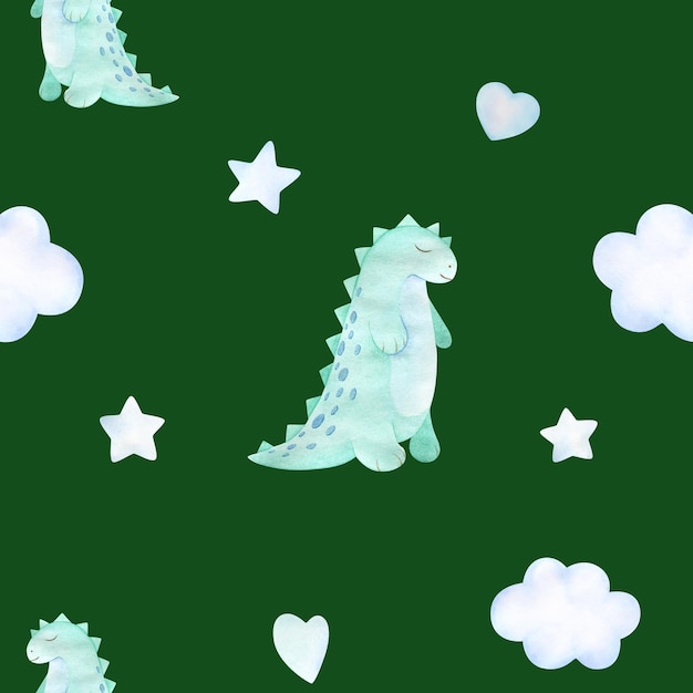 Watercolor baby seamless pattern with toy mint dinosaur clouds and stars