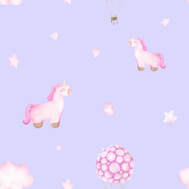 Watercolor baby seamless pattern with toy pink unicorn hot air balloon clouds and stars