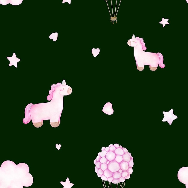 Watercolor baby seamless pattern with toy pink unicorn hot air balloon clouds and stars