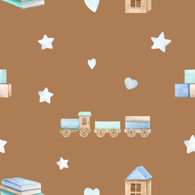 Watercolor baby seamless pattern with toy wooden train house clouds and stars