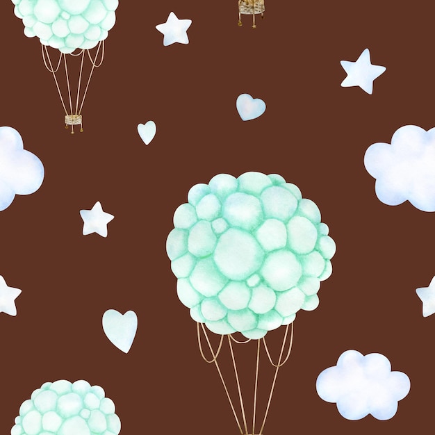Watercolor baby seamless pattern with turquoise balloon clouds and stars