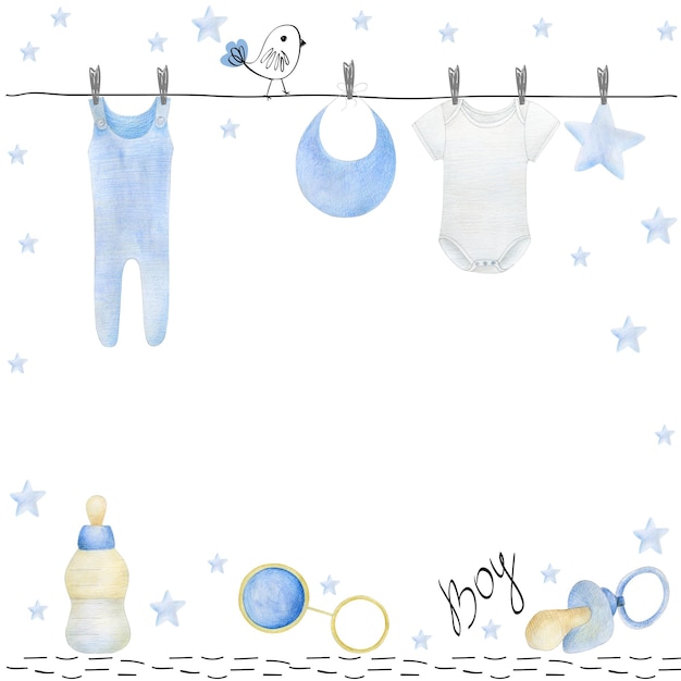 赤ちゃんの要素を持つ男の子のかわいい手描きの水彩画のベビー シャワー