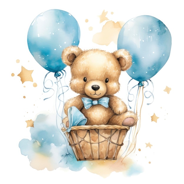 Photo a watercolor baby teddy bear is sitting in the basket with blue and gold balloons