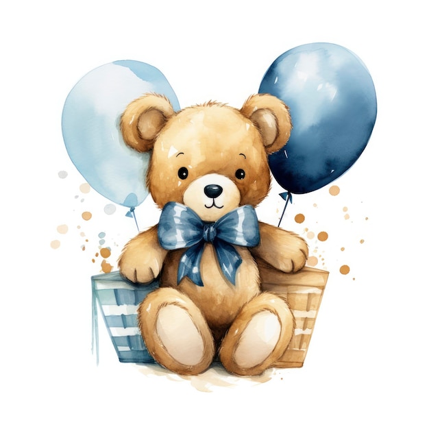 A watercolor baby teddy bear is sitting in the basket with blue and gold balloons