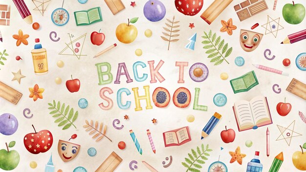 Photo watercolor back to school illustration with apples books and pencils