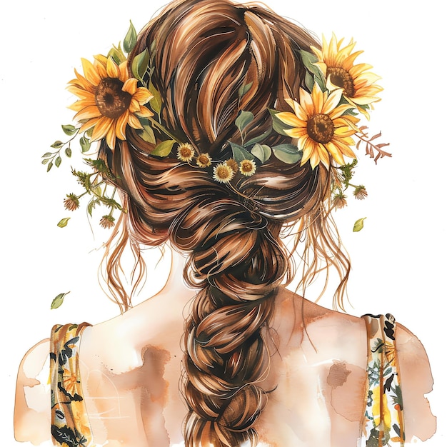 수채화 뒷면 오 여자 머리카락과 꽃의 봄 꽃받침