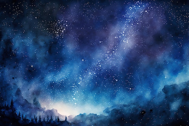 Watercolor backdrop with a starry yet foggy night sky