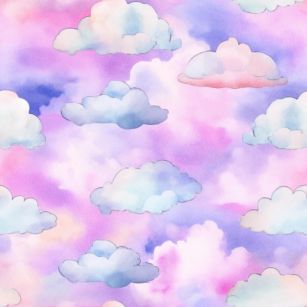 Watercolor background of clouds in a purple and pink sky