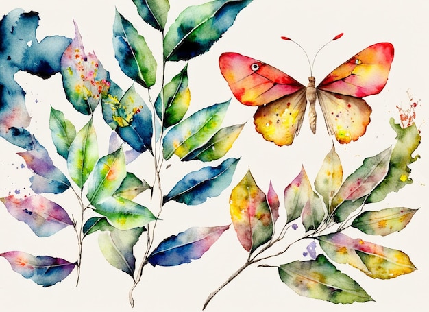 Watercolor background contains butterflies and leaves with beautiful colors