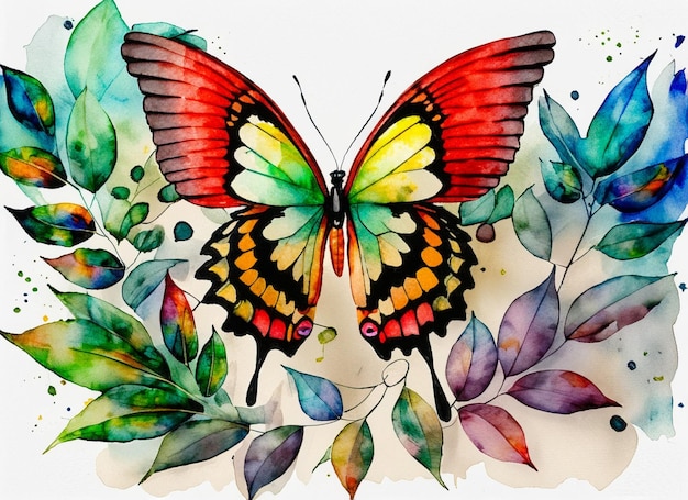 Watercolor background contains butterflies and leaves with beautiful colors