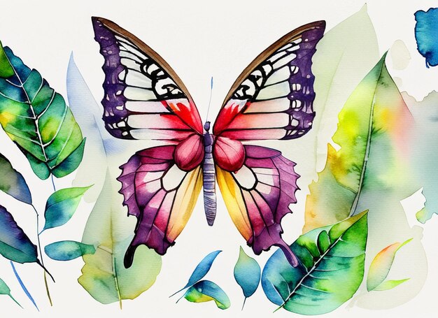 Watercolor background contains butterflies and leaves with beautiful colors