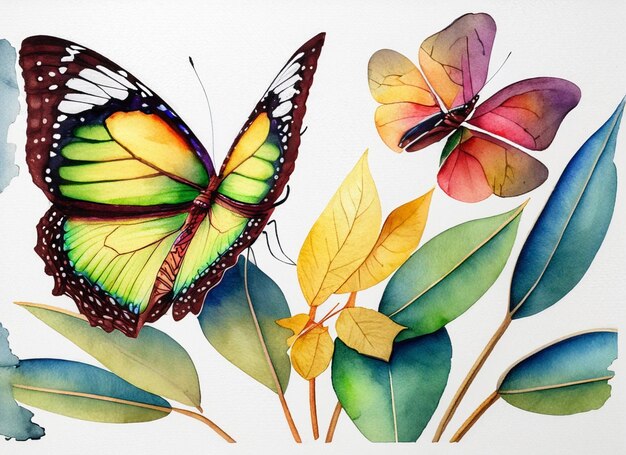 Photo watercolor background contains butterflies and leaves with beautiful colors