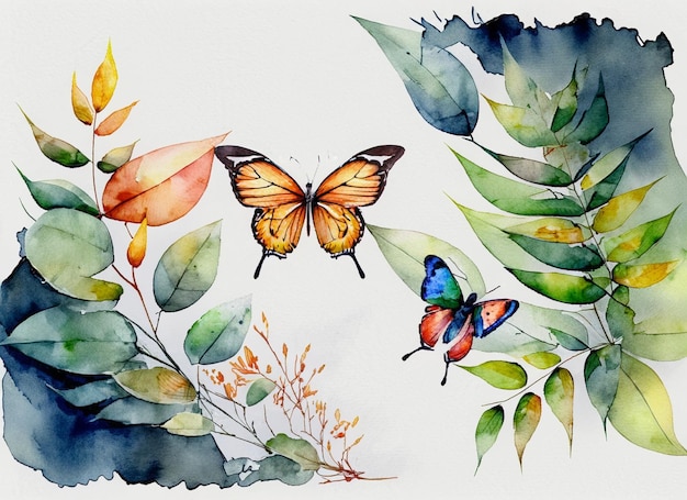 Watercolor background contains butterflies and leaves with beautiful colors