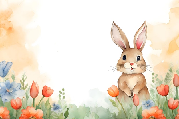 Watercolor background of cute rabbit in flower meadow with copy space for season nature animal art