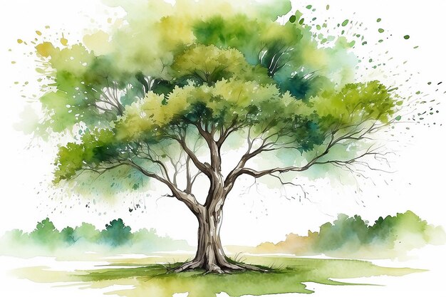 Photo watercolor background drawn landscape tree on white bakground