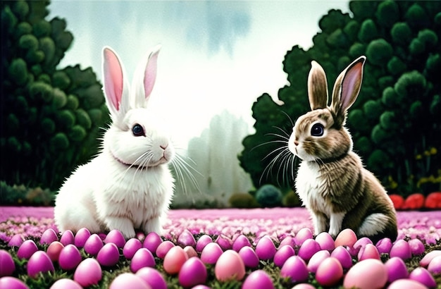 Watercolor background Easter bunny Eggs Nature Happy Easter Holiday Celebration AI Generated