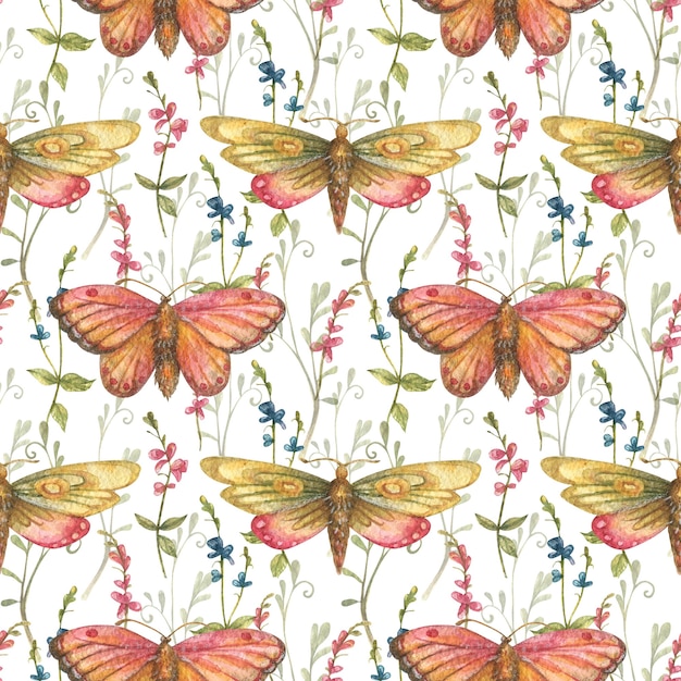 Photo watercolor background of hand drawn cute bright butterflies moths and colorful wildflowers