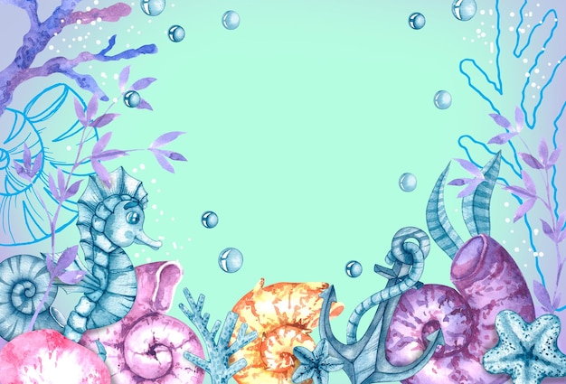 Watercolor background image with marine life sand castle seashells corals on a bright background