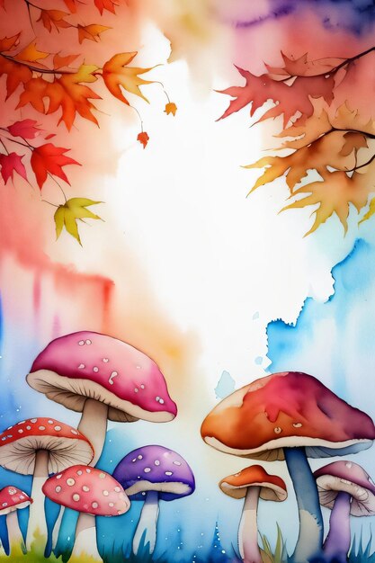 Watercolor Background for Text With Mushrooms